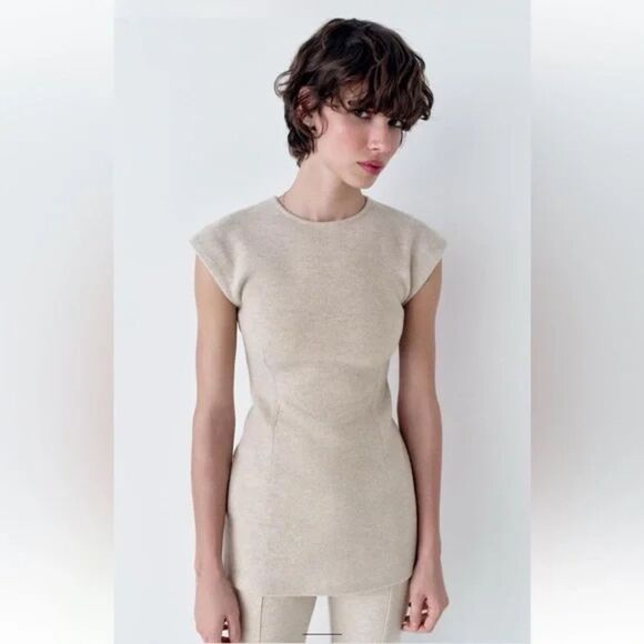 ZARA Women's 2PC Set Cream  Fitted Ribbed Top & Flared Rib Sweater Pants - Large - Picture 6 of 13